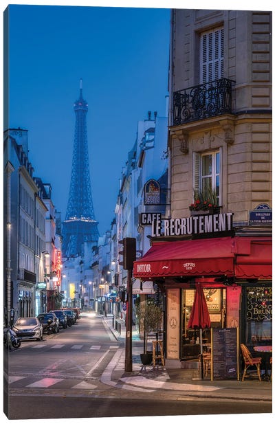 Rue Saint-Dominique And Eiffel Tower At Night, Paris, France Canvas Art Print - Paris Photography