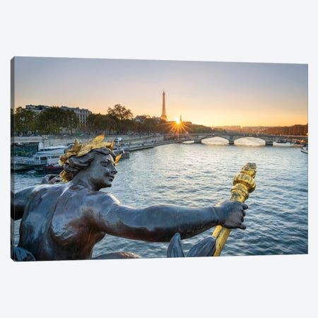 Pont Alexandre III And Eiffel Tower At Sunset With Statue Of The Nymphes De La Seine Canvas Print #JNB899} by Jan Becke Canvas Wall Art