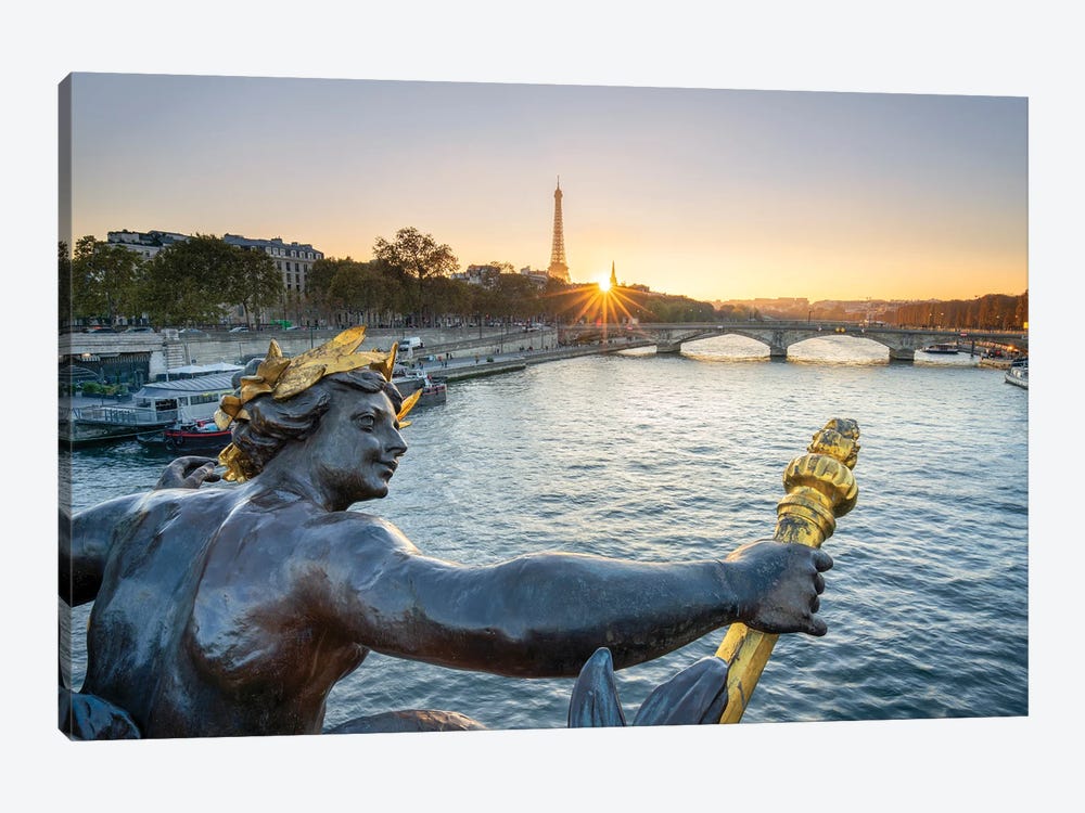 Pont Alexandre III And Eiffel Tower At Sunset With Statue Of The Nymphes De La Seine by Jan Becke 1-piece Canvas Artwork