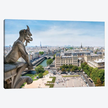 View From Top Of The Notre Dame Cathedral With It'S Iconic Gargoyle Statues, Paris, France Canvas Print #JNB912} by Jan Becke Art Print