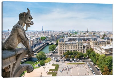 View From Top Of The Notre Dame Cathedral With It'S Iconic Gargoyle Statues, Paris, France Canvas Art Print - Notre Dame Cathedral