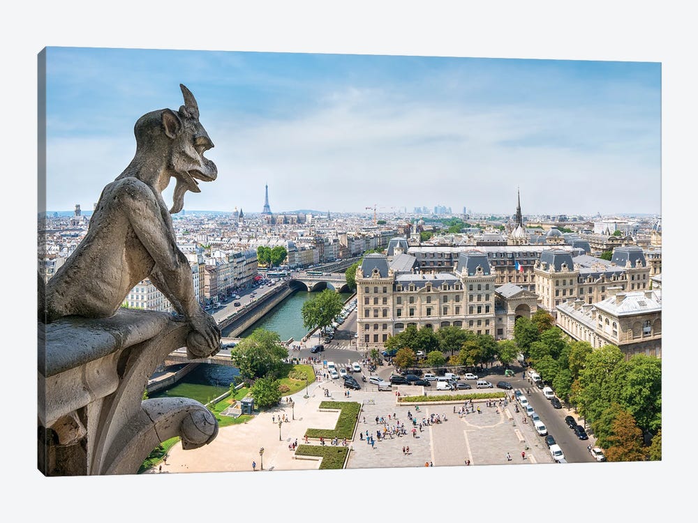View From Top Of The Notre Dame Cathedral With It'S Iconic Gargoyle Statues, Paris, France by Jan Becke 1-piece Canvas Art