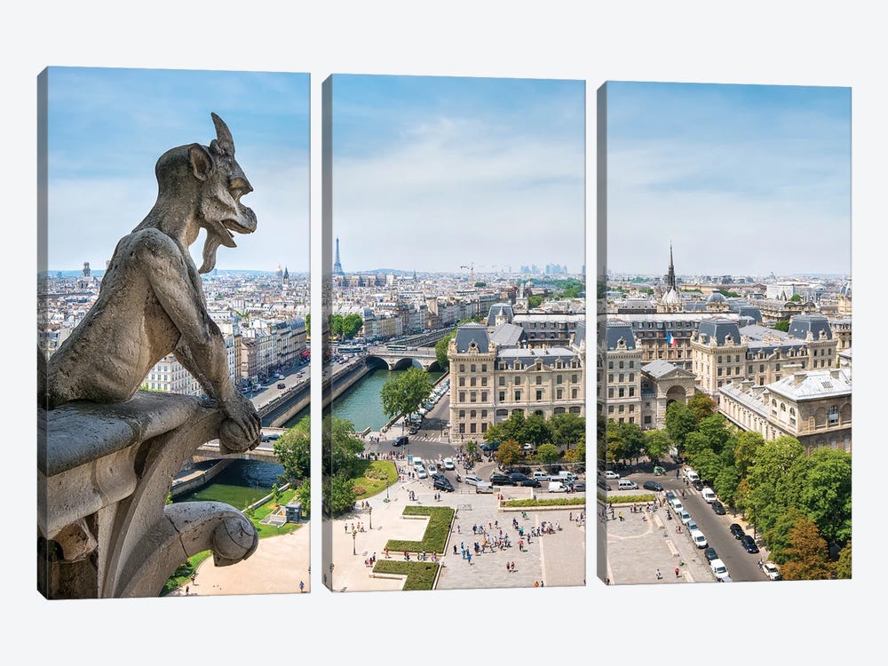 View From Top Of The Notre Dame Cathedral With It'S Iconic Gargoyle Statues, Paris, France by Jan Becke 3-piece Canvas Art