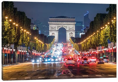 Arc De Triomphe And Avenue Des Champs-Élysées At Night, Paris, France Canvas Art Print - Arc de Triomphe