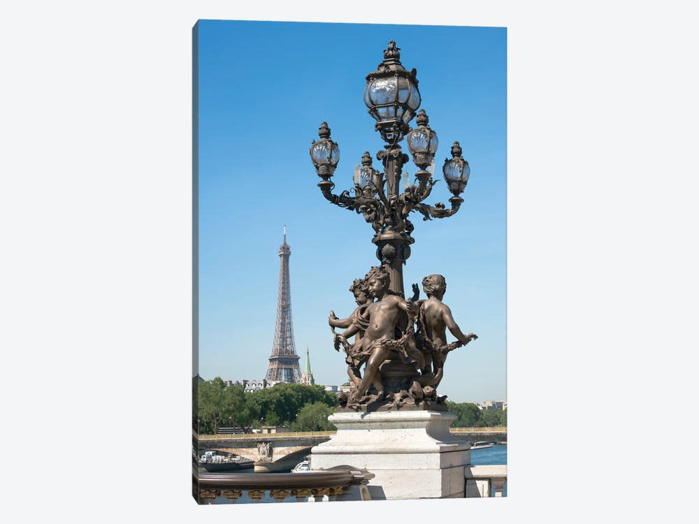 Ornate Lamp Post At The Pont Alexandre Iii Bridge With Eiffel Tower In The Background, Paris, France by Jan Becke 1-piece Canvas Print