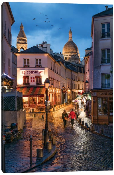 Streets Of Montmartre At Night With Sacré-Cœur Basilica In The Background, Paris, France Canvas Art Print - France Art