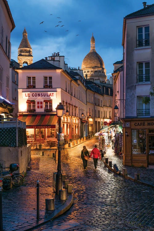 Streets Of Montmartre At Night With Sacré-Cœur Basilica In The Background, Paris, France