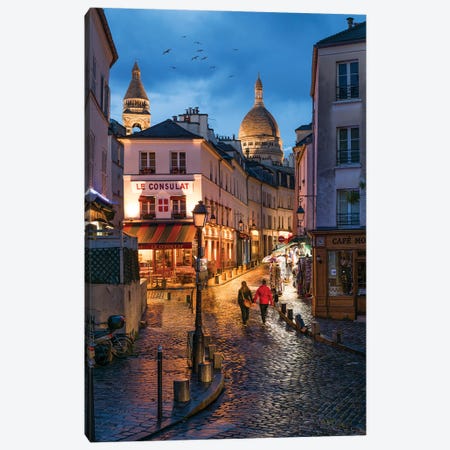 Streets Of Montmartre At Night With Sacré-Cœur Basilica In The Background, Paris, France Canvas Print #JNB949} by Jan Becke Canvas Art