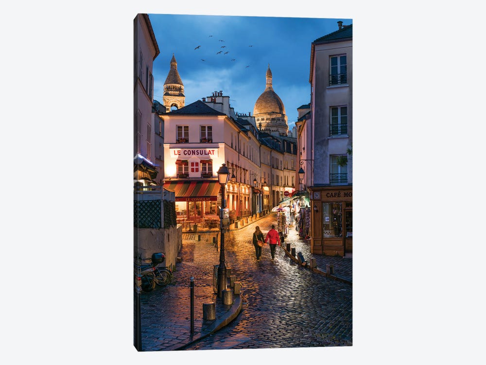 Streets Of Montmartre At Night With Sacré-Cœur Basilica In The Background, Paris, France by Jan Becke 1-piece Canvas Wall Art