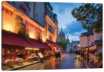 Streets Of Montmartre At Night, Paris, France Canvas Art Print - Paris Photography