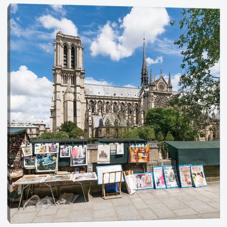 Bouquinistes Street Shops At The Notre Dame Cathedral, Paris, France Canvas Print #JNB956} by Jan Becke Canvas Wall Art