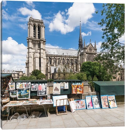 Bouquinistes Street Shops At The Notre Dame Cathedral, Paris, France Canvas Art Print - Notre Dame Cathedral