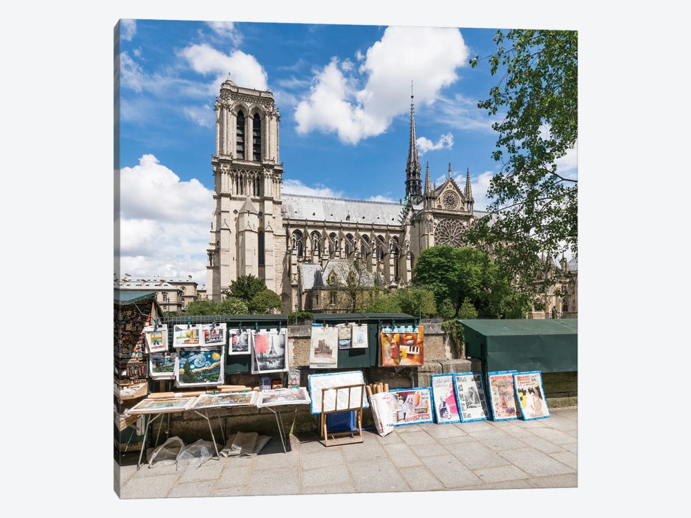 Bouquinistes Street Shops At The Notre Dame Cathedral, Paris, France by Jan Becke 1-piece Canvas Artwork