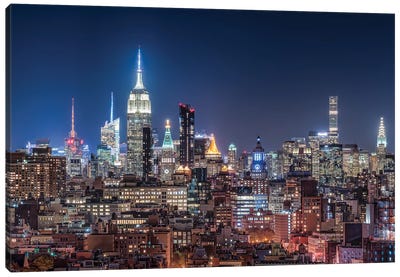 Midtown Manhattan Skyline With Empire State Building At Night Canvas Art Print - New York City Skylines