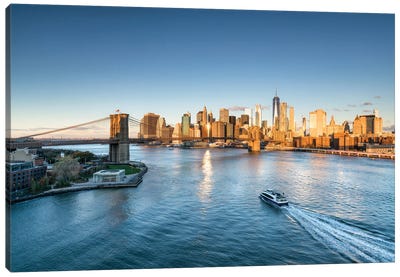 Manhattan Skyline And Brooklyn Bridge At Sunrise Canvas Art Print - City Sunrise & Sunset Art