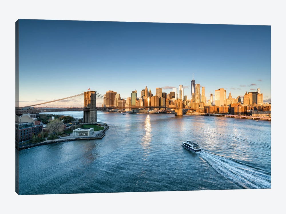Manhattan Skyline And Brooklyn Bridge At Sunrise by Jan Becke 1-piece Canvas Wall Art