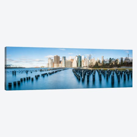 Panoramic View Of The Brooklyn Bridge Park Pier 1 And Manhattan Skyline In Winter Canvas Print #JNB973} by Jan Becke Canvas Print