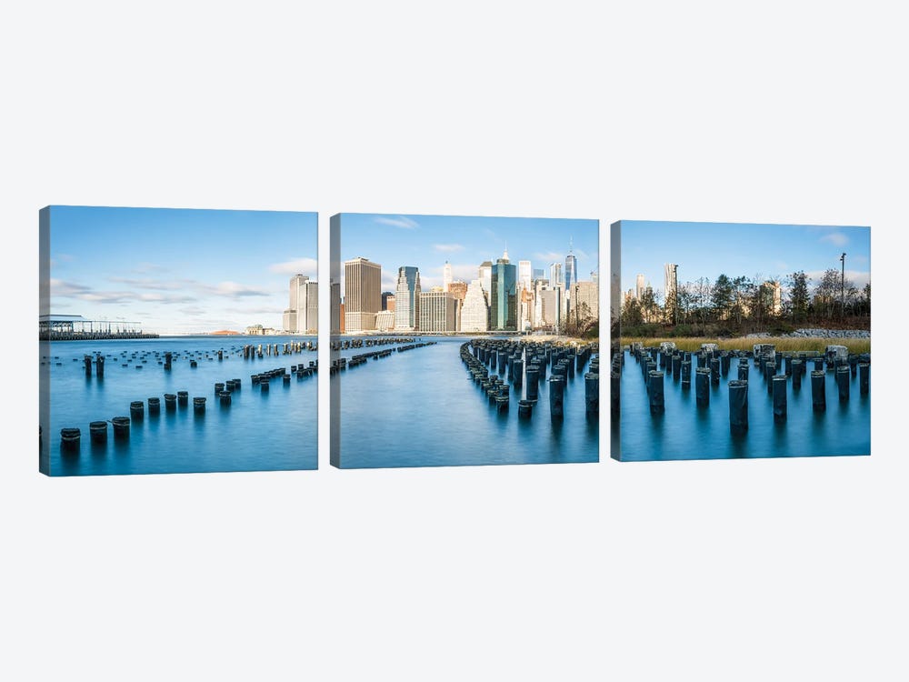 Panoramic View Of The Brooklyn Bridge Park Pier 1 And Manhattan Skyline In Winter by Jan Becke 3-piece Canvas Art Print