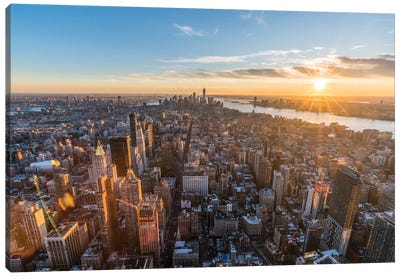 View Of Lower Manhattan At Sunset, New York City, Usa Canvas Art Print - Aerial Photography