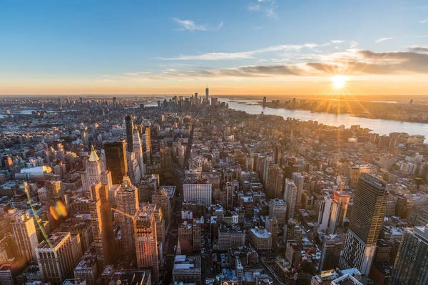 Aerial Photography: View Of Lower Manhattan At Sunset, New York City, Usa by Jan Becke