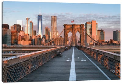 Brooklyn Bridge And Lower Manhattan Skyline At Sunrise, New York City, Usa Canvas Art Print - Brooklyn Bridge