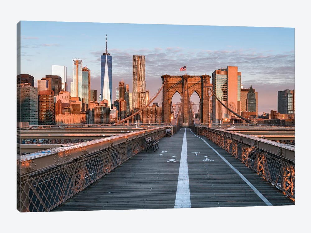 Brooklyn Bridge And Lower Manhattan Skyline At Sunrise, New York City, Usa by Jan Becke 1-piece Art Print