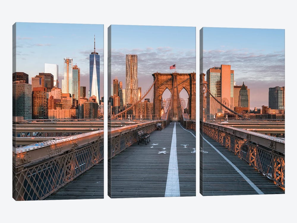 Brooklyn Bridge And Lower Manhattan Skyline At Sunrise, New York City, Usa by Jan Becke 3-piece Art Print