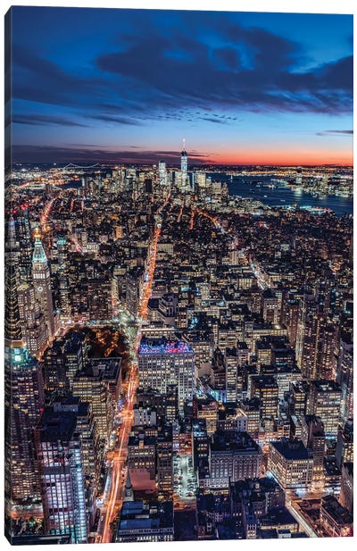 View Of Lower Manhattan At Night, New York City, Usa Canvas Art Print - Aerial Photography