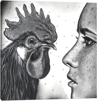 Face To Face Canvas Art Print - Chicken & Rooster Art