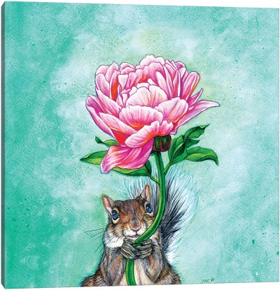 Squirrel Presenting Peony Canvas Art Print - Self-Taught Women Artists