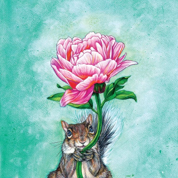 Squirrels: Squirrel Presenting Peony by Jane Starr Weils