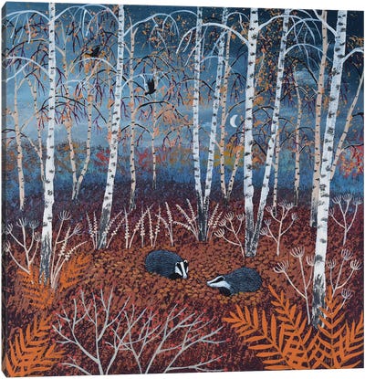 The Badgers Of Autumn Wood Canvas Art Print - Aspen and Birch Trees