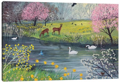 By Spring River Canvas Art Print - Deer Art