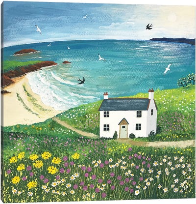 Seaside Cottage Canvas Art Print - Coastal Living Room Art