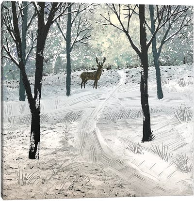 Stag In The Snow Canvas Art Print - Folk Art
