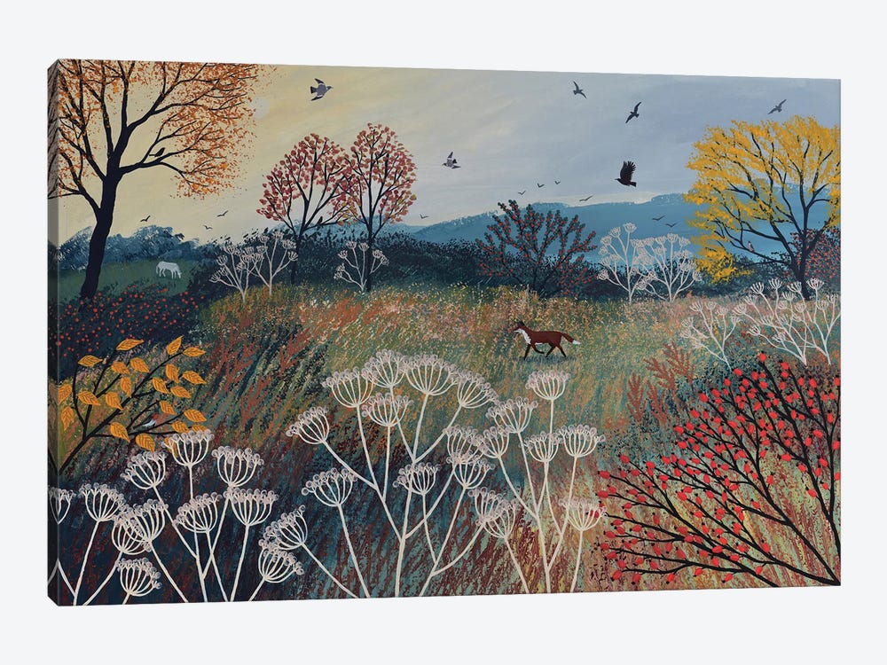 Print on paper of country meadow at dusk with fox and white cottages from an original acrylic painting 'Across Dusky Meadow' by Jo Grundy