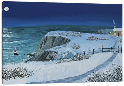 A Winter's Night At The Lighthouse Canvas Art Print - Cliff Art