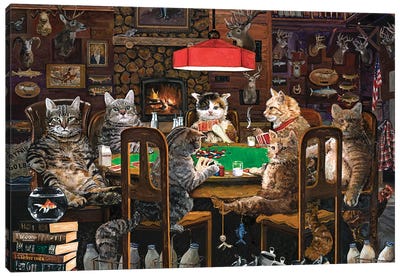 Cats Playing Poker Canvas Art Print - Tabby Cat Art