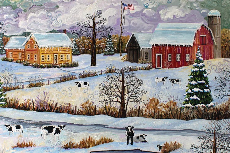 Landscape Farm In Snow With Cows