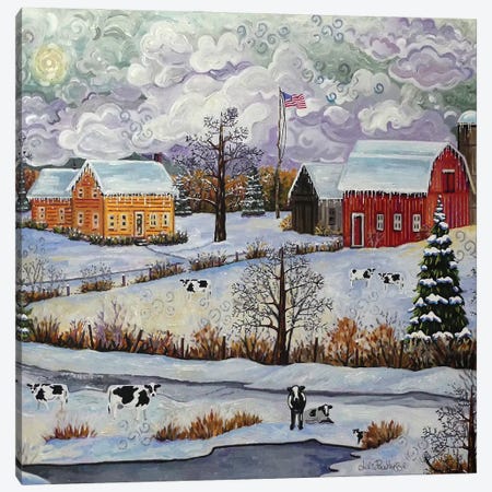 Landscape Farm In Snow With Cows Canvas Print #JPH38} by Julie Pace Hoff Canvas Artwork