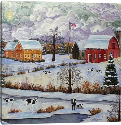 Landscape Farm In Snow With Cows Canvas Art Print - Julie Pace Hoff