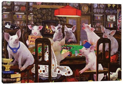Pigs Playing Poker Canvas Art Print - Julie Pace Hoff