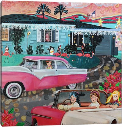 1950's Novelty Christmas Canvas Art Print - Flamingo Art