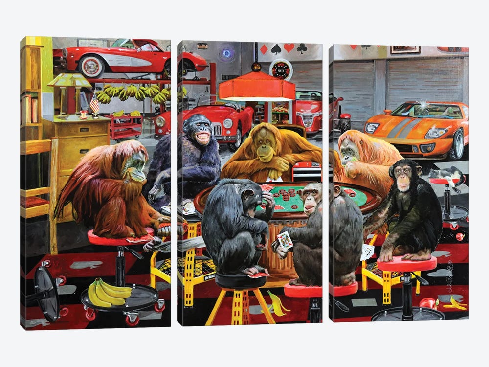 Monkeys Play Poker by Julie Pace Hoff 3-piece Canvas Print