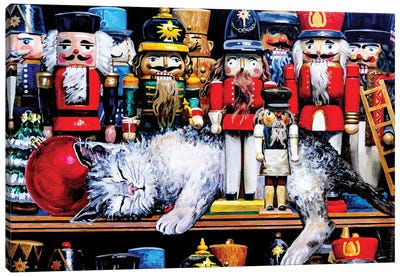 Christmas Kitten Napping Among Nutcrackers Canvas Art Print - Home for the Holidays