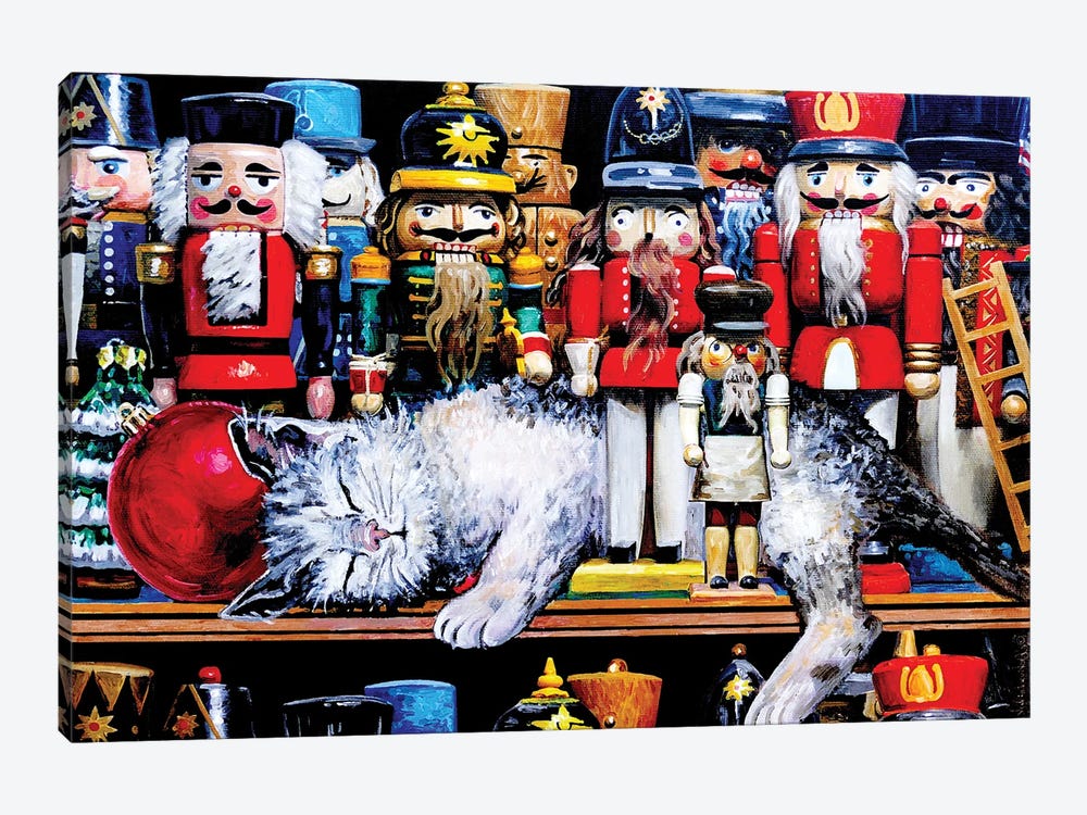Christmas Kitten Napping Among Nutcrackers by Julie Pace Hoff 1-piece Canvas Print