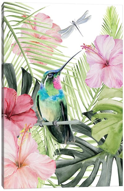 Hibiscus & Hummingbird II Canvas Art Print - Tropical Leaf Art
