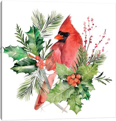 Cardinal Holly Christmas Collection C Canvas Art Print - Christmas Trees & Wreath Art