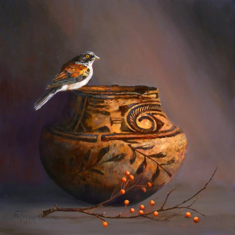 Zuni Pot, Hawthorn Berries, And Yellow-Eyed Junco by Jan Perley wall art