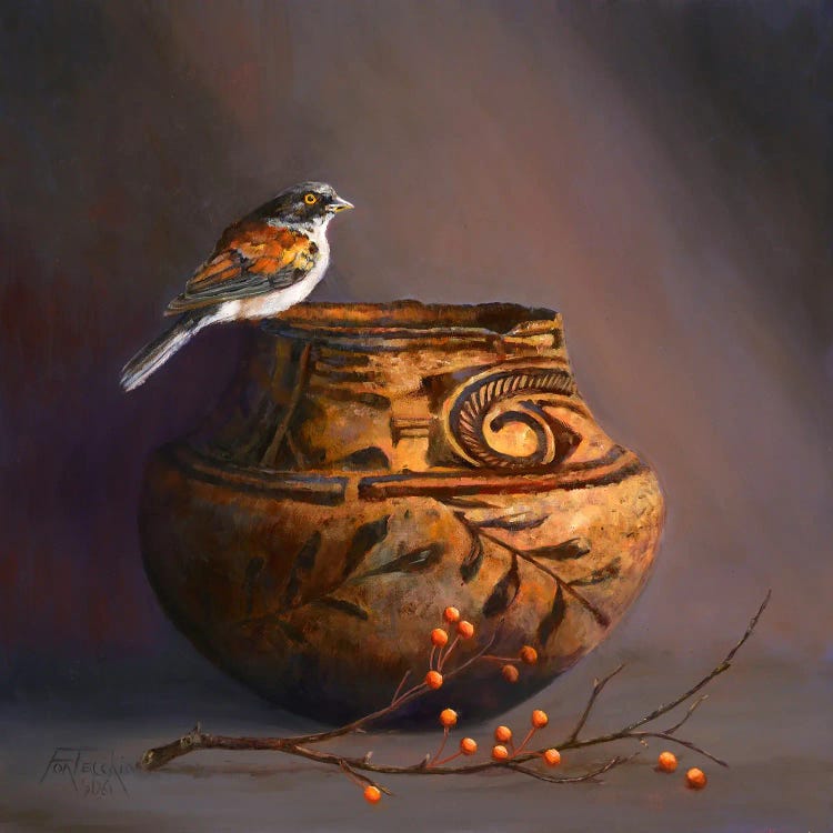 Zuni Pot, Hawthorn Berries, And Yellow-Eyed Junco